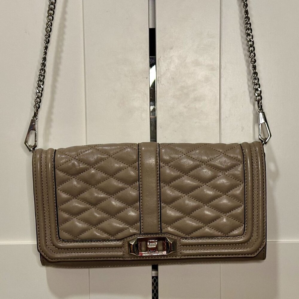 Rebecca Minkoff Leather Love Clutch Handbag WOC Mink Chain Strap - Picture 2 of 9